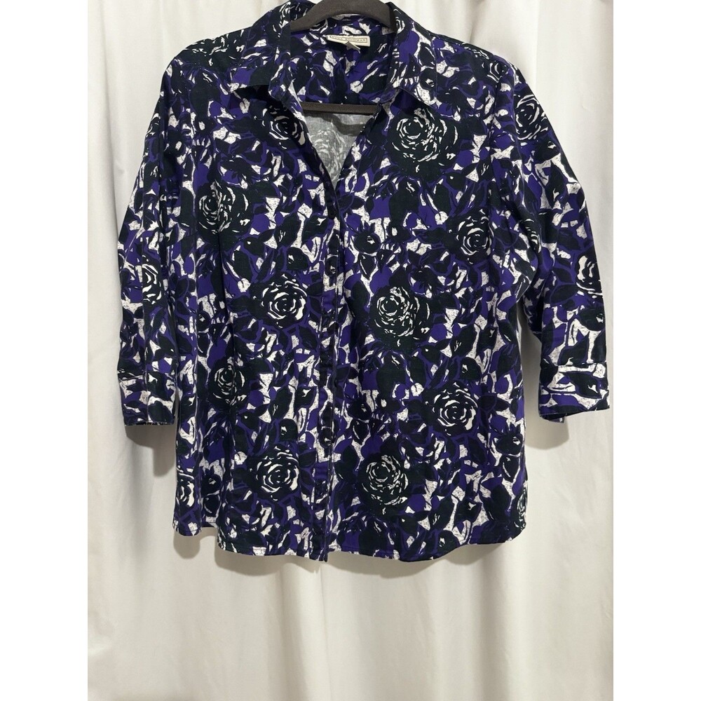 Dana Buchman Purple Black White Floral Collared Woven Button-Up Blouse XL